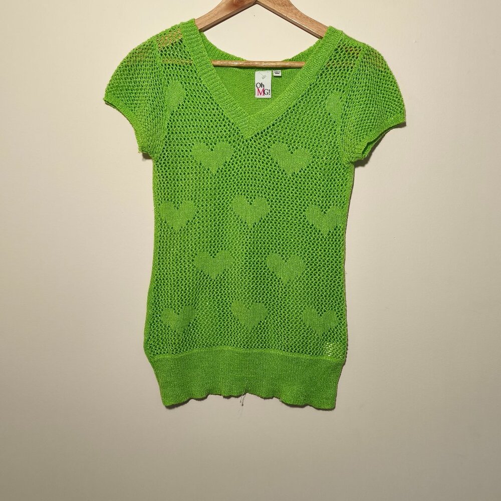 y2k OHMG! Mesh Knit Heart V Neck Top sz M/L Green Rave Festival Colorful Artsy